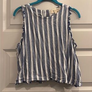 Anthropologie Cloth & Stone Tank Top Shirt Blouse Blue White Stripe Boho Fringe